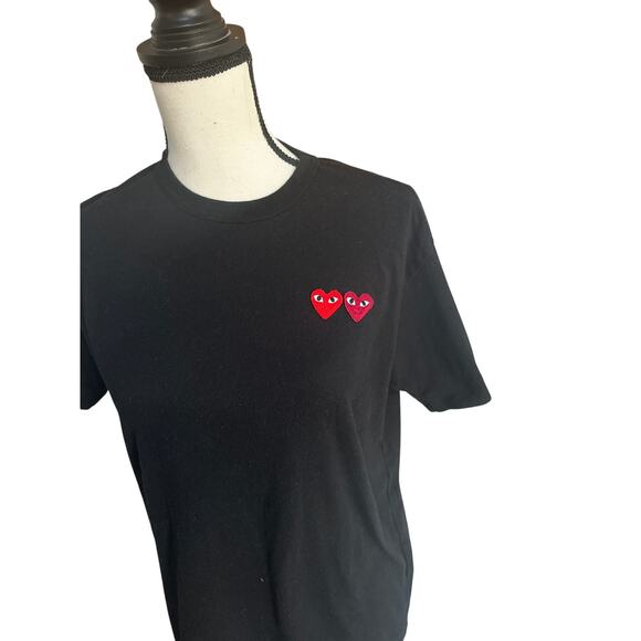Black Graphic Tee Comme des Garçons Play Double Heart Logo Size M - Picture 2 of 6